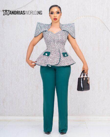 GREEN TWEED TOP AND TROUSER SET