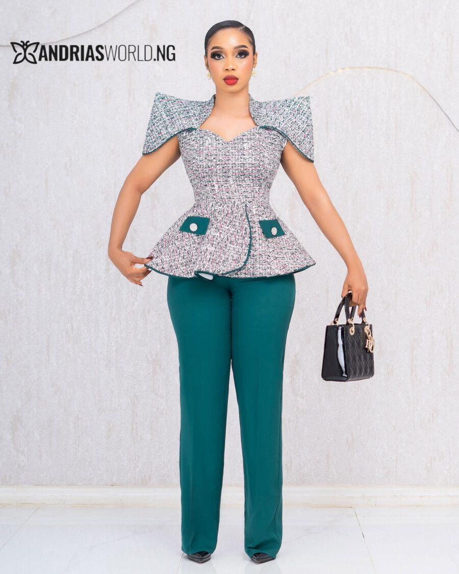 GREEN TWEED TOP AND TROUSER SET