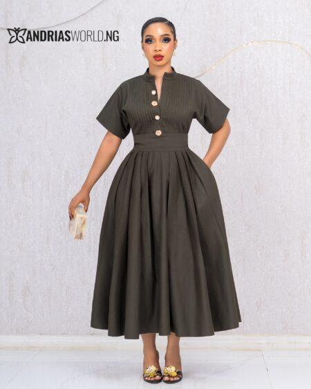 ARMY GREEN LINEN DRESS WITH BISCUIT BUTTONS