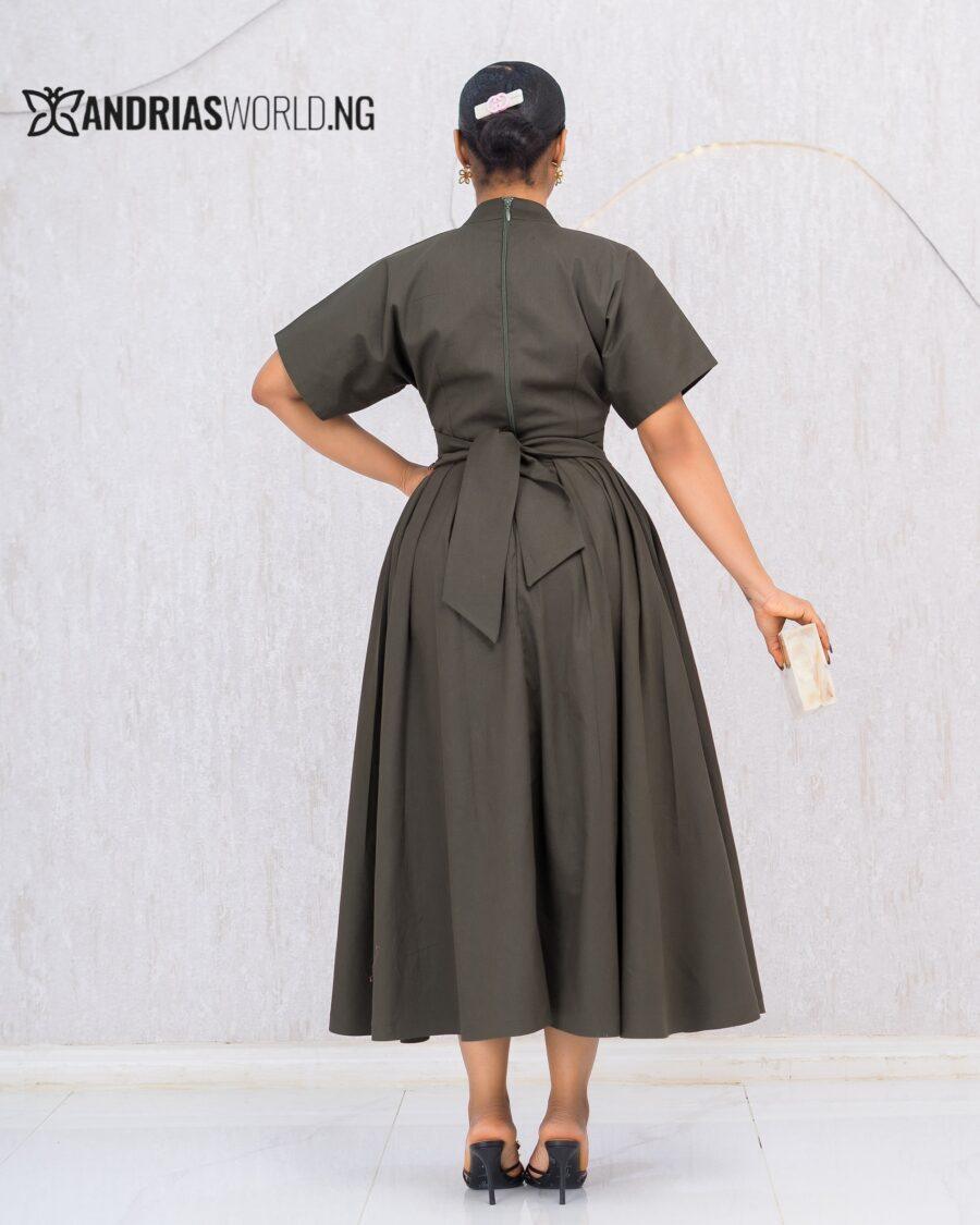 ARMY GREEN LINEN DRESS WITH BISCUIT BUTTONS