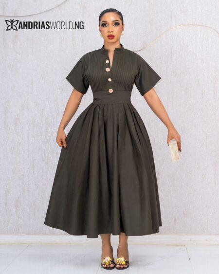 ARMY GREEN LINEN DRESS WITH BISCUIT BUTTONS