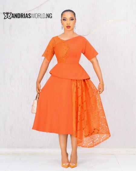 ORANGE SKATER DRESS WITH LACE DETAIL