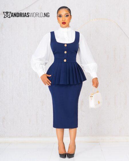 BLUE PINAFORE DRESS WITH WHITE SHIRT