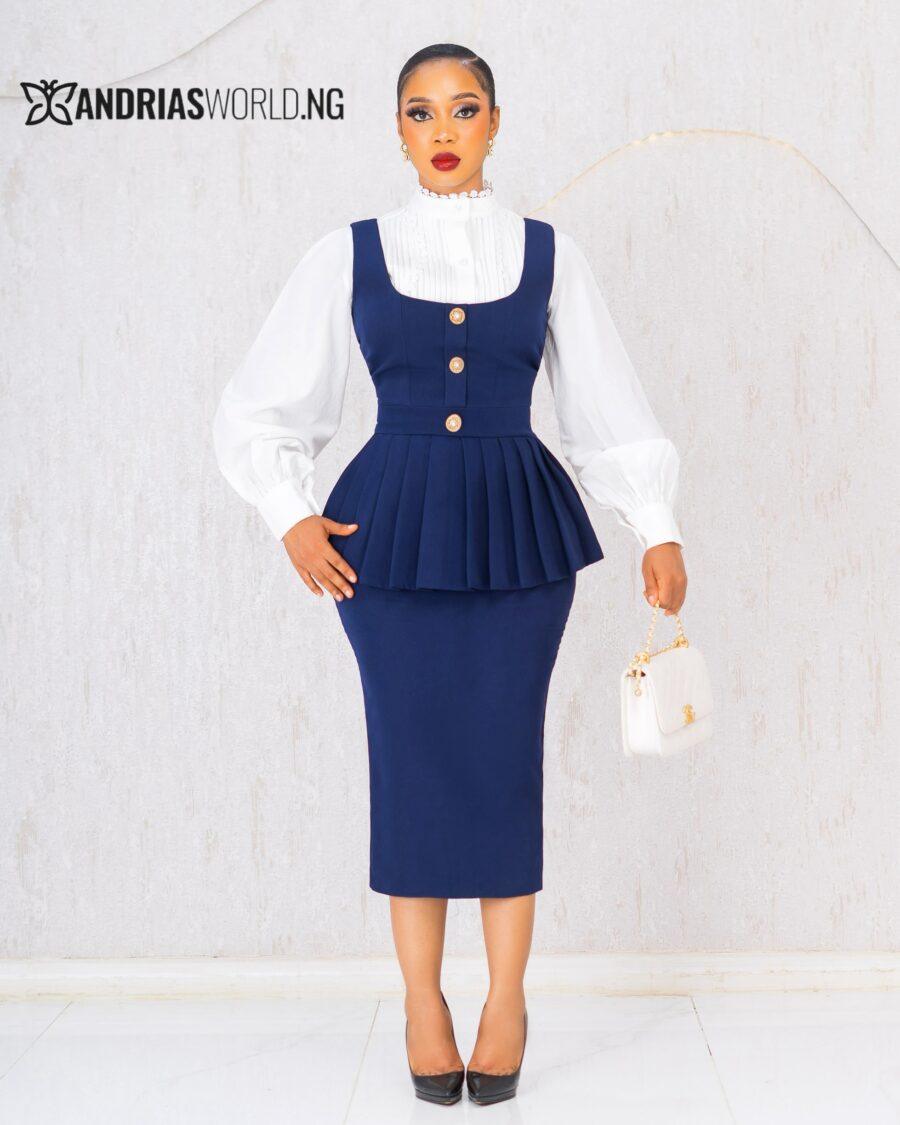 BLUE PINAFORE DRESS WITH WHITE SHIRT