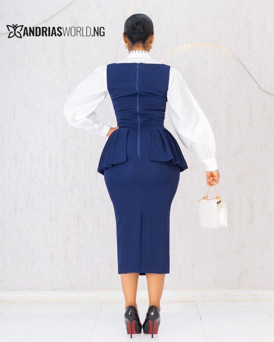 BLUE PINAFORE DRESS WITH WHITE SHIRT