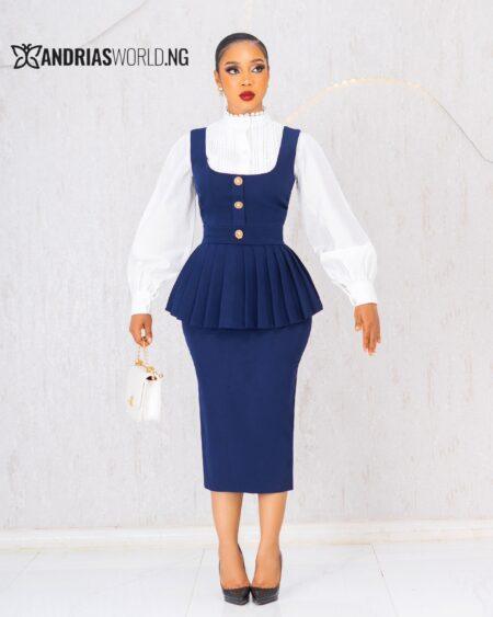 BLUE PINAFORE DRESS WITH WHITE SHIRT