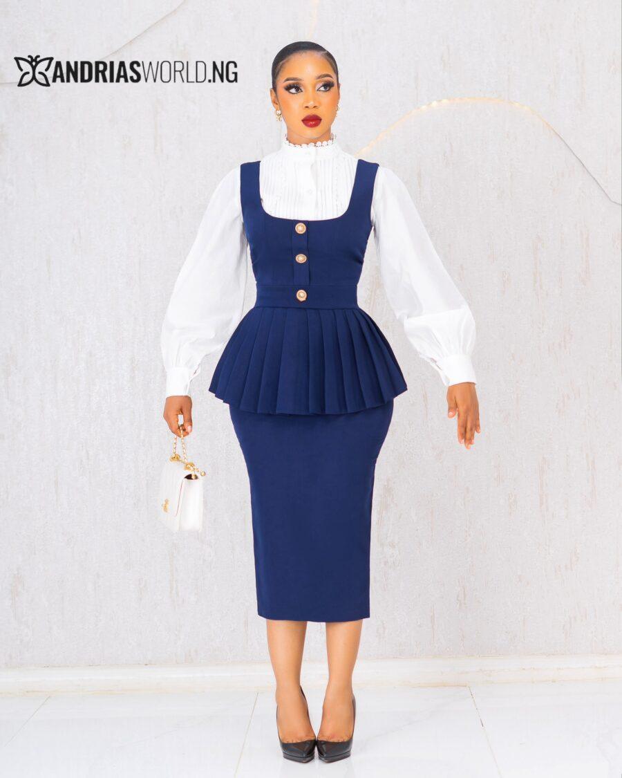 BLUE PINAFORE DRESS WITH WHITE SHIRT