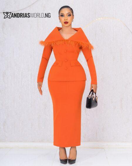 ORANGE TWO PIECE SKIRT SET WITH FEATHERS