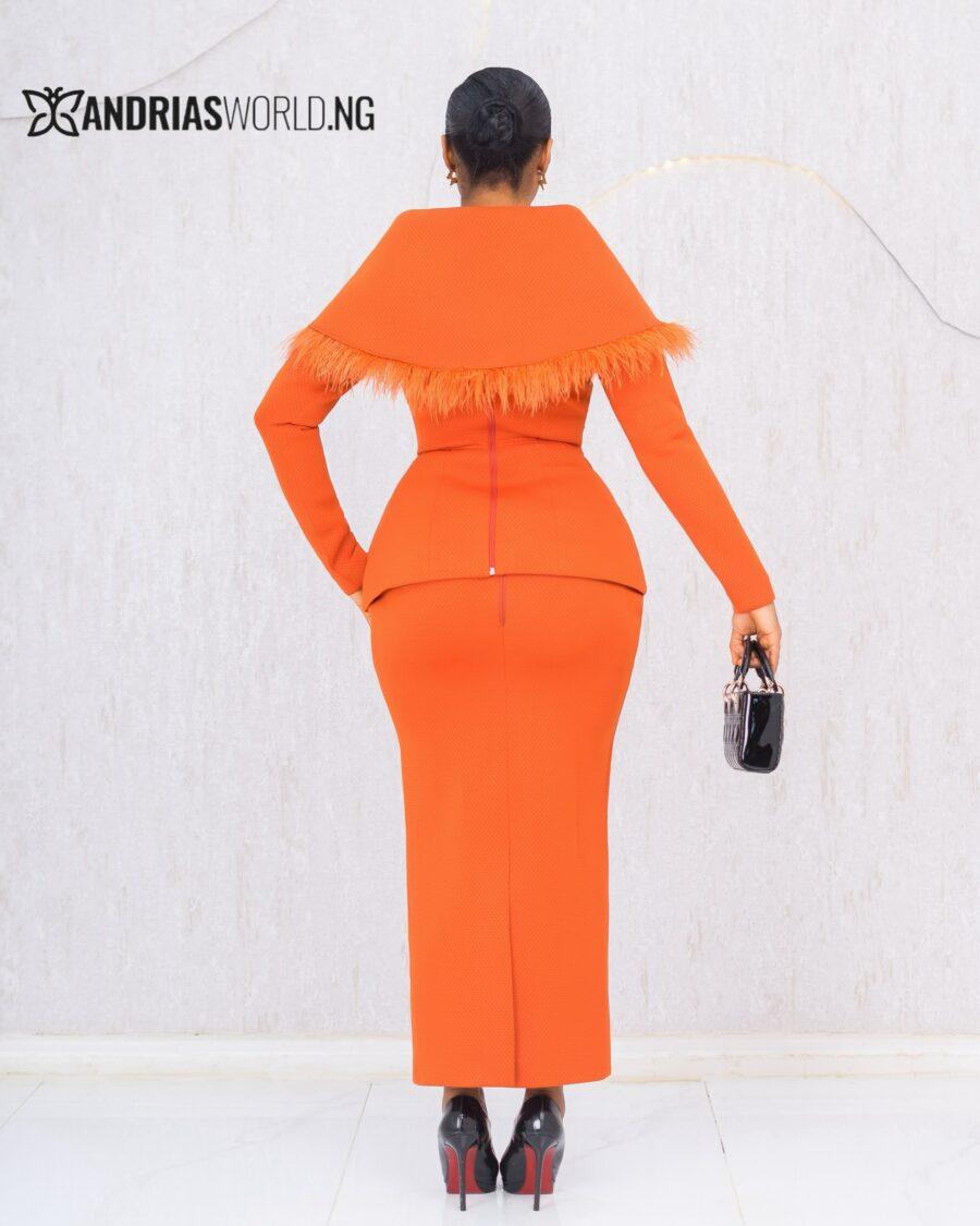 ORANGE TWO PIECE SKIRT SET WITH FEATHERS