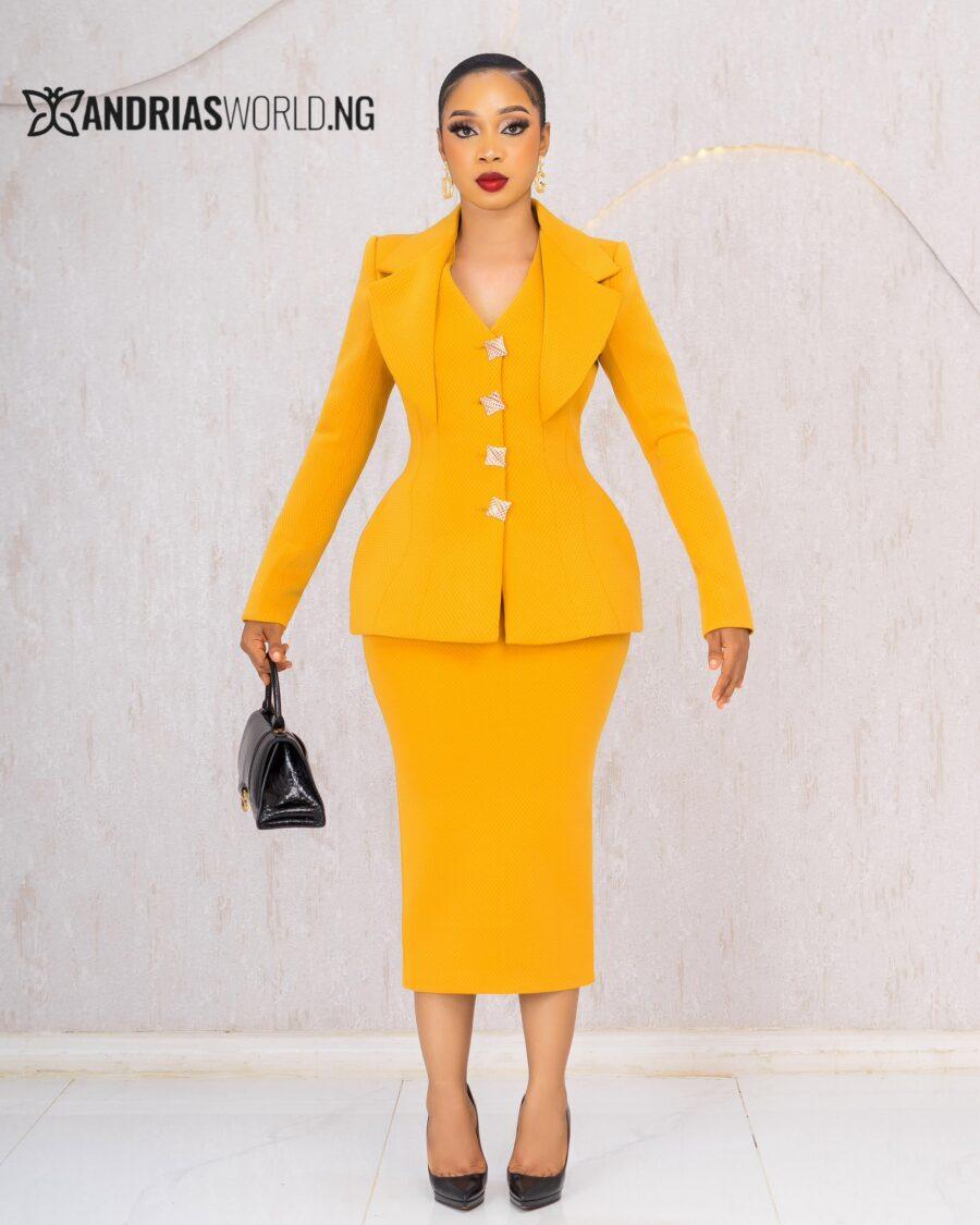 YELLOW SCUBA TWO PIECE SKIRT SUIT