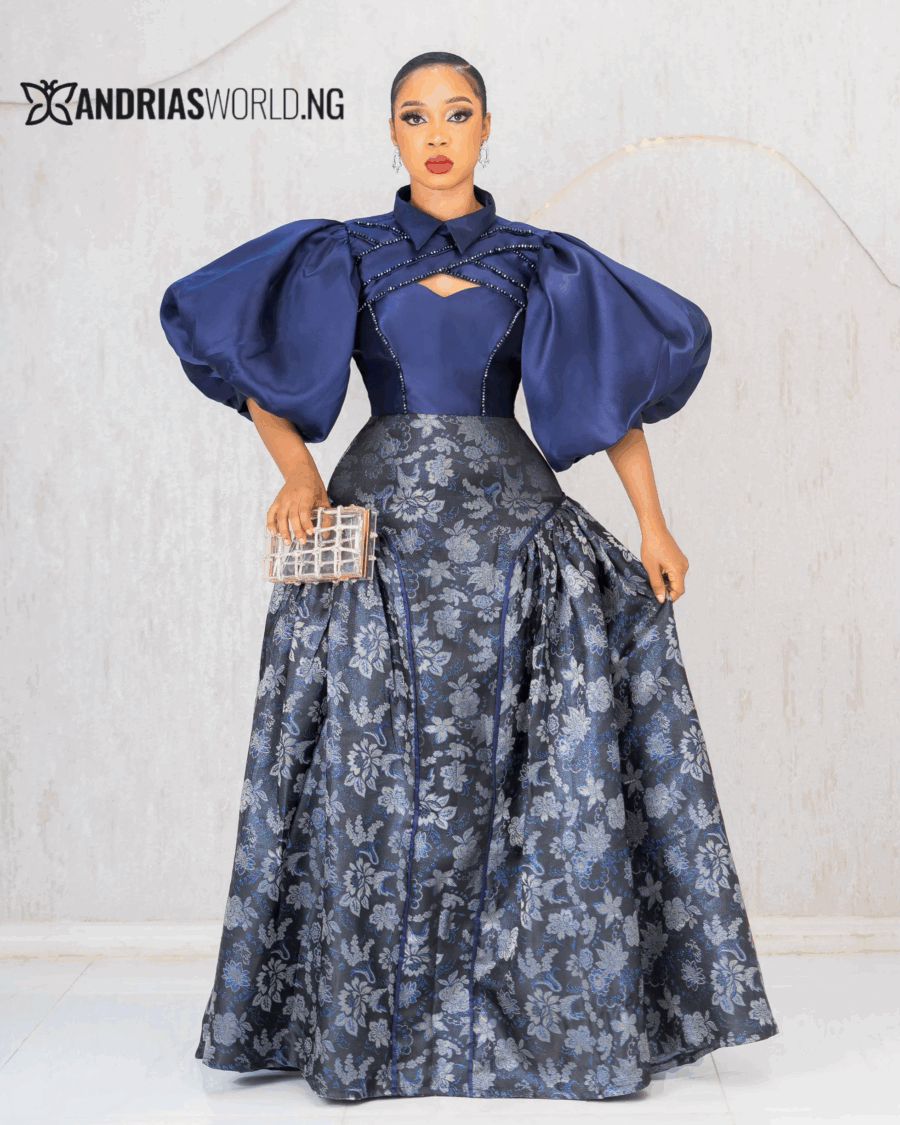NAVYBLUE BEADED MIKADO DRESS WITH DAMASK FLORAL PRINT