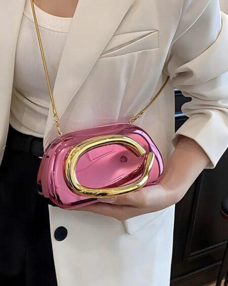 PINK ACRYLIC CLUTCH WITH DETACHABLE GOLD CHAIN
