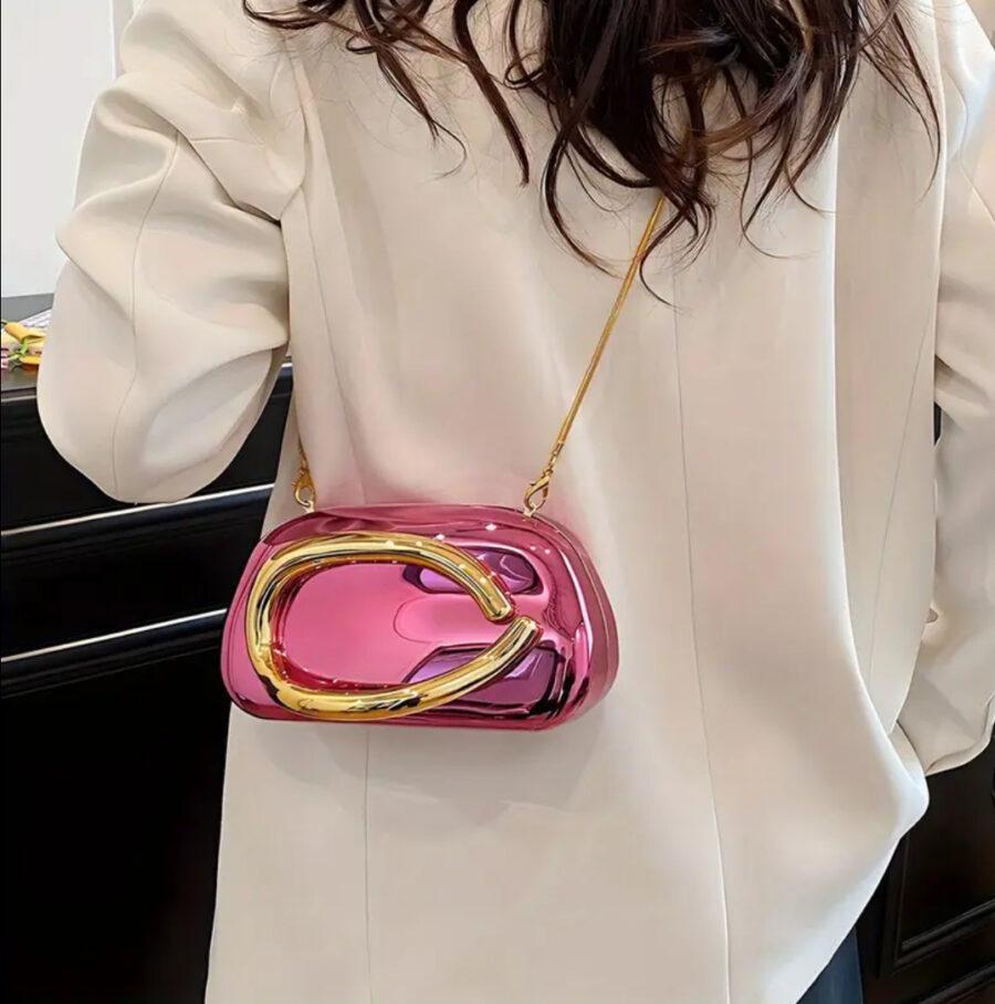 PINK ACRYLIC CLUTCH WITH DETACHABLE GOLD CHAIN