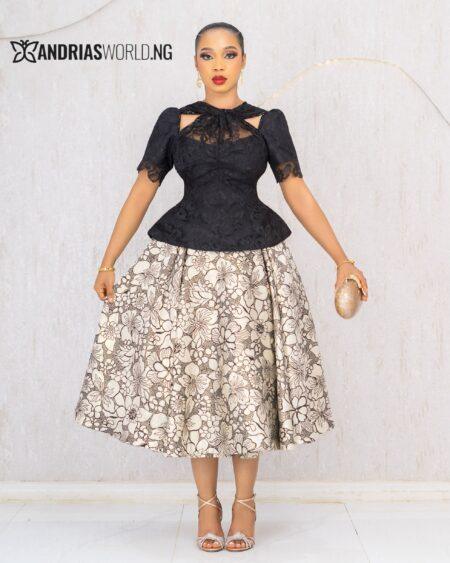 BLACK LACE TOP WITH DAMASK SKATER SKIRT