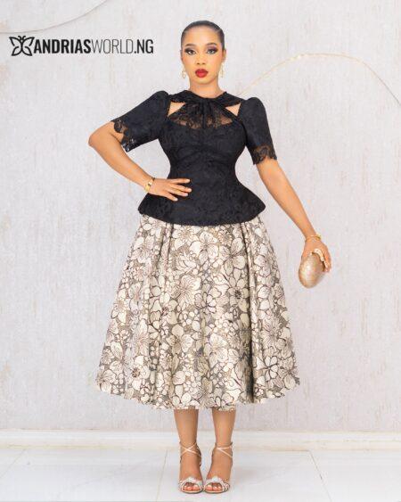 BLACK LACE TOP WITH DAMASK SKATER SKIRT