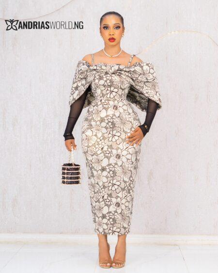 CREAM AND BLACK DAMASK CAPE DRESS WITH LACE SLEEVES