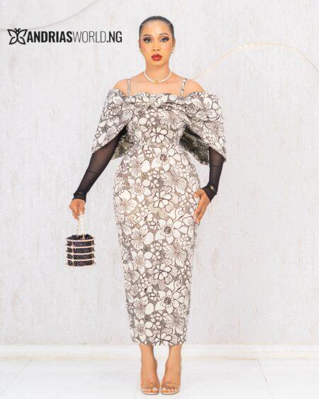 CREAM AND BLACK DAMASK CAPE DRESS WITH LACE SLEEVES