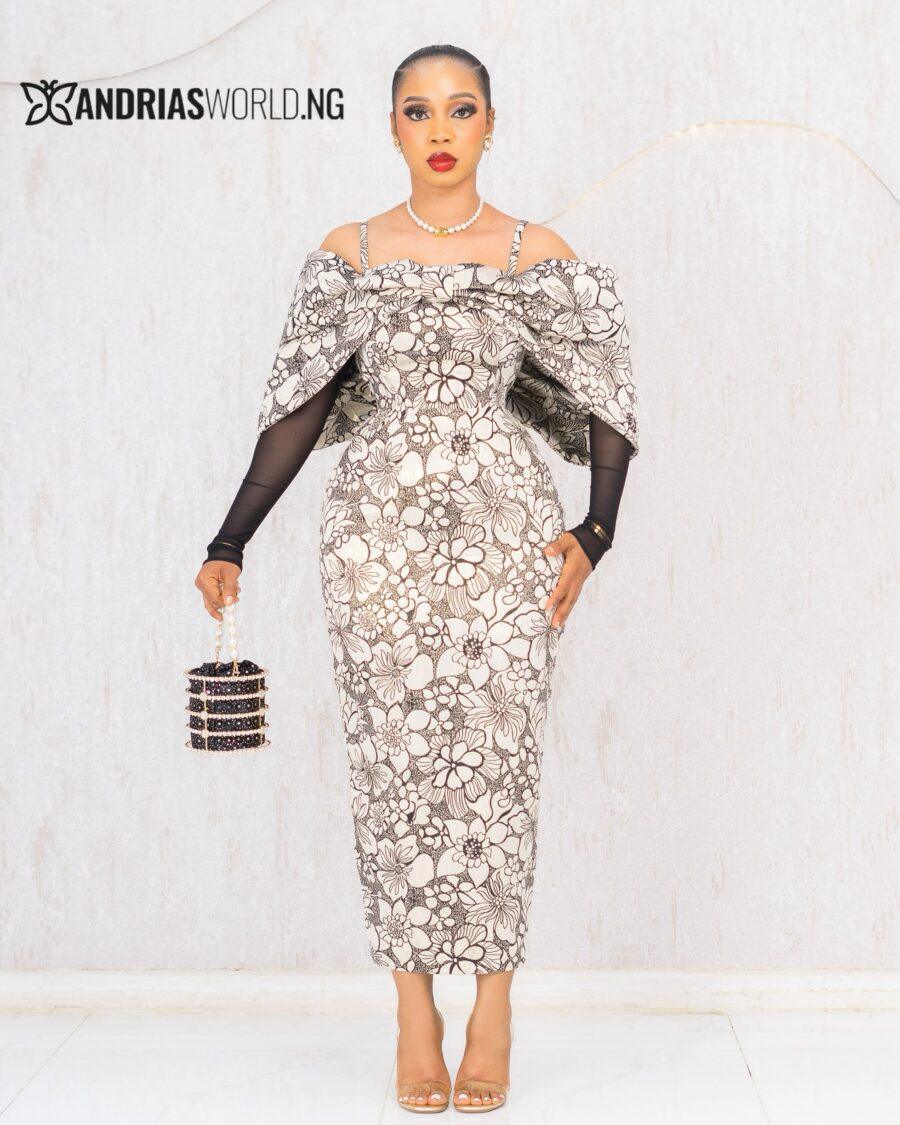 CREAM AND BLACK DAMASK CAPE DRESS WITH LACE SLEEVES