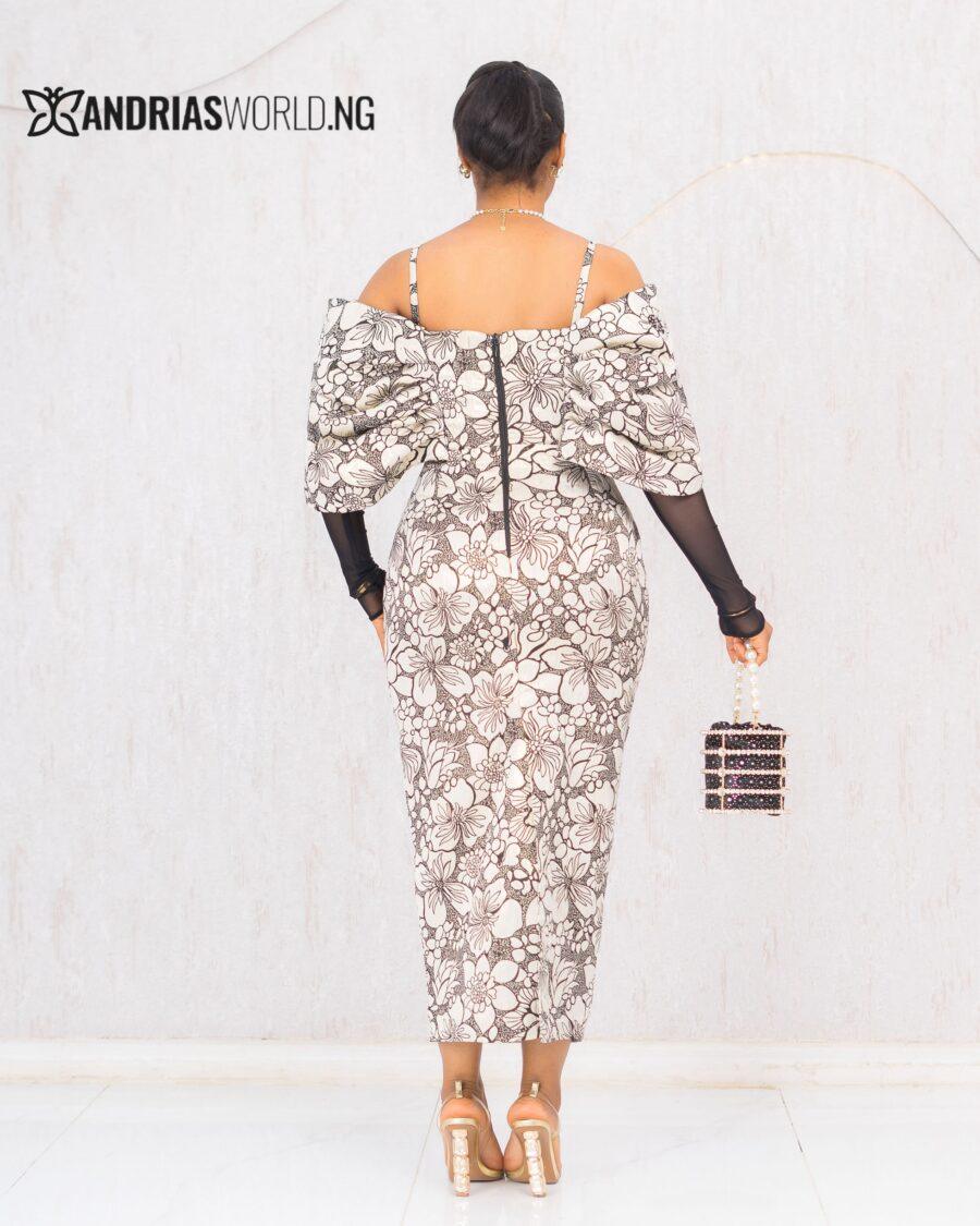 CREAM AND BLACK DAMASK CAPE DRESS WITH LACE SLEEVES