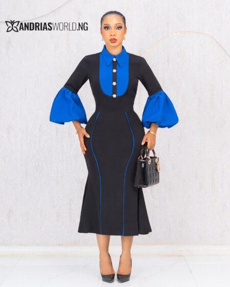 BLACK AND BLUE FISHTAIL DRESS WITH PUFFY SLEEVES