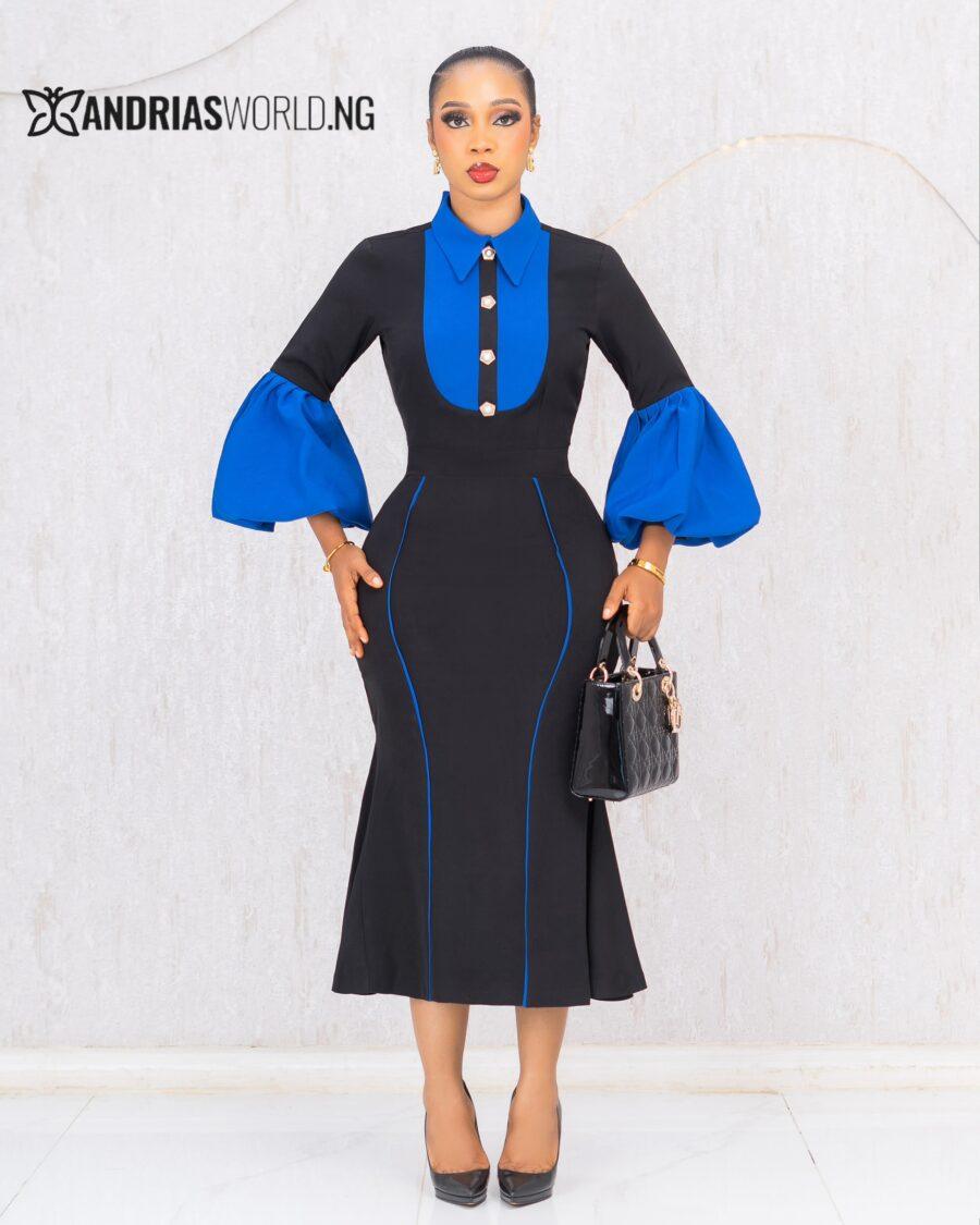 BLACK AND BLUE FISHTAIL DRESS WITH PUFFY SLEEVES