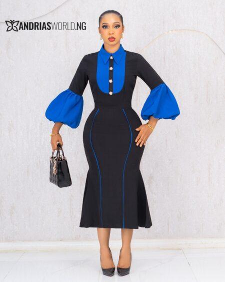 BLACK AND BLUE FISHTAIL DRESS WITH PUFFY SLEEVES