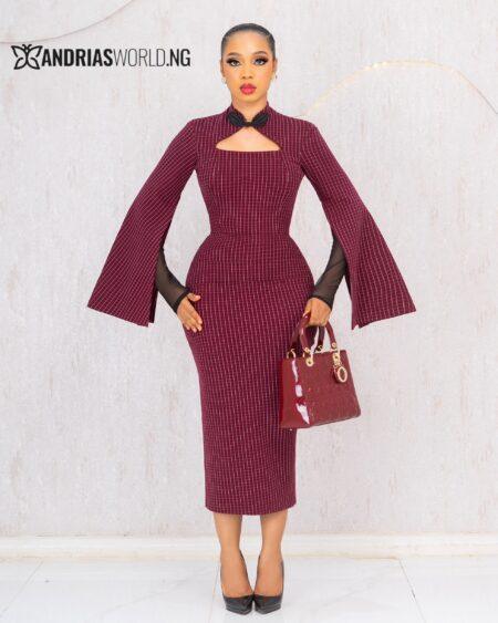 WINE CHECK MIDI DRESS WITH MESH SLEEVES