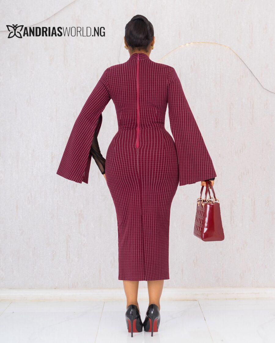 WINE CHECK MIDI DRESS WITH MESH SLEEVES