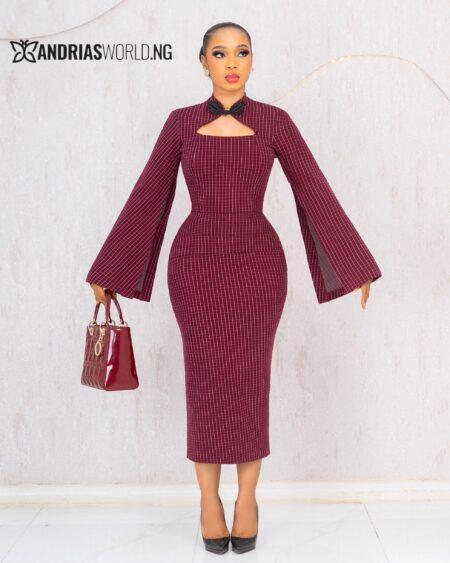 WINE CHECK MIDI DRESS WITH MESH SLEEVES