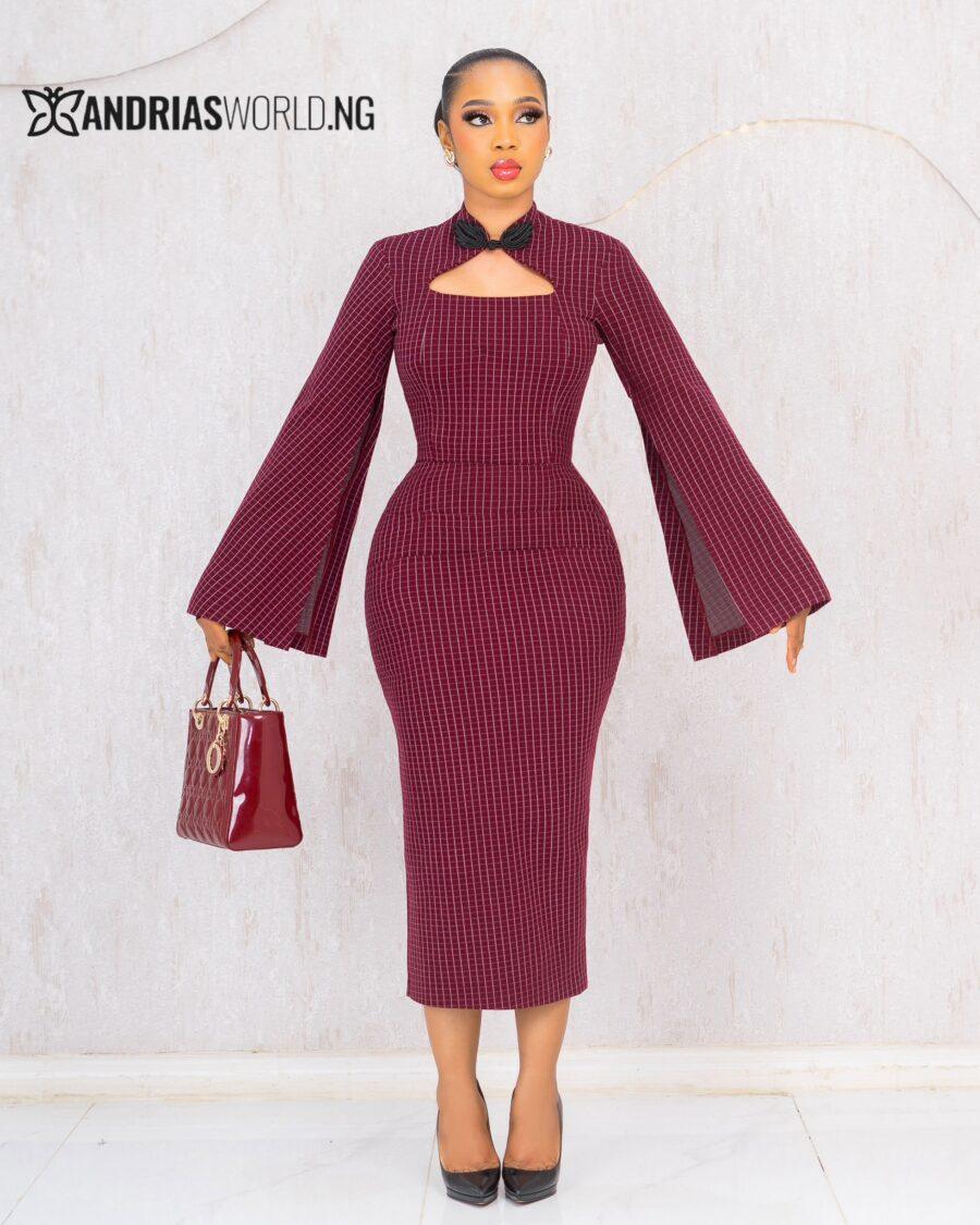 WINE CHECK MIDI DRESS WITH MESH SLEEVES