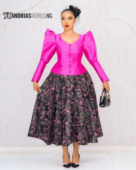 PINK MIKADO TOP WITH BLACK FLORAL DAMASK SKIRT