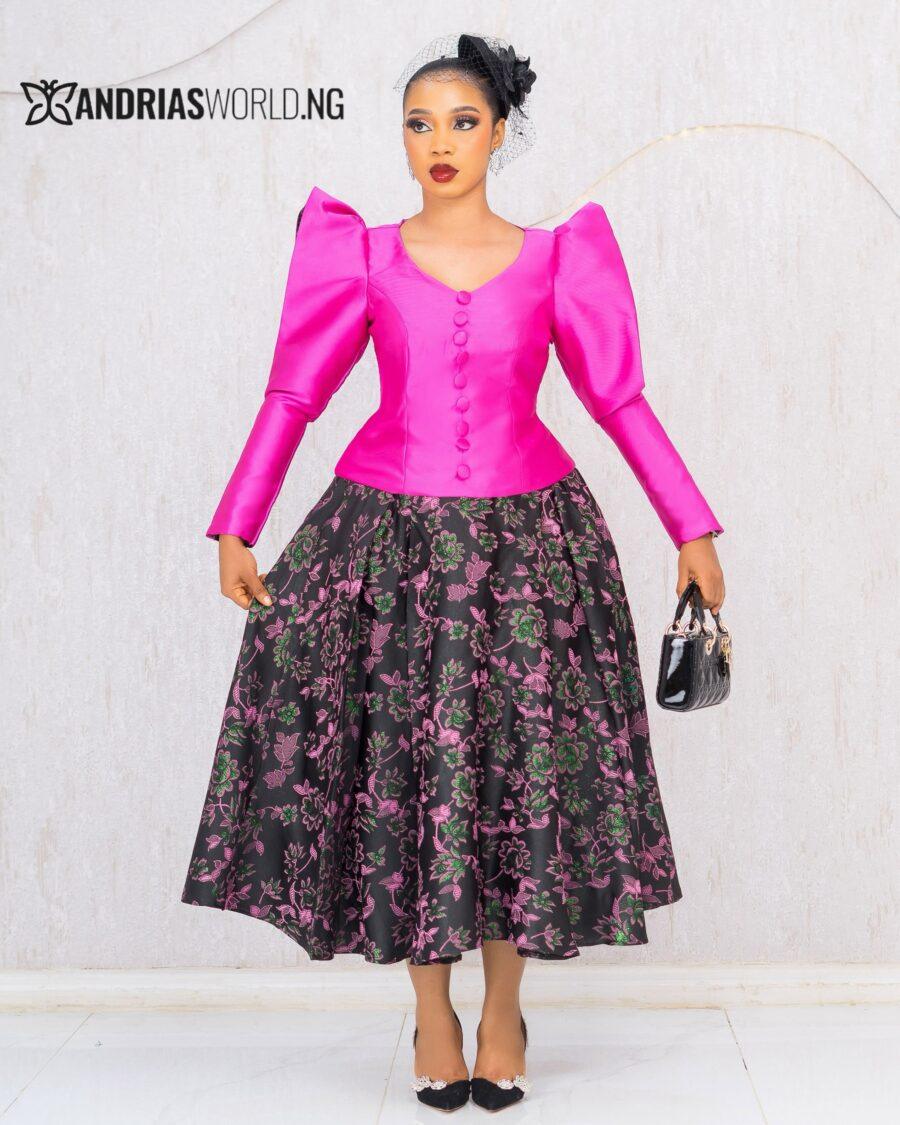 PINK MIKADO TOP WITH BLACK FLORAL DAMASK SKIRT