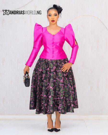 PINK MIKADO TOP WITH BLACK FLORAL DAMASK SKIRT