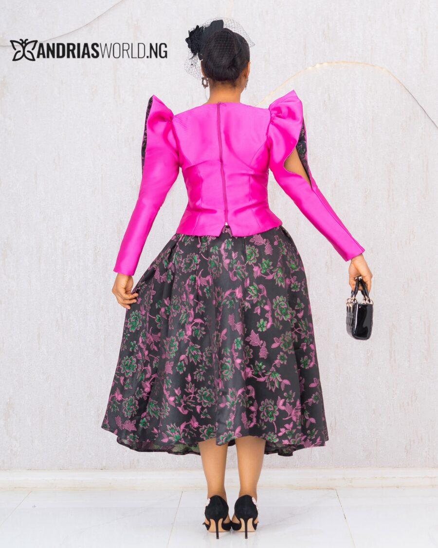 PINK MIKADO TOP WITH BLACK FLORAL DAMASK SKIRT