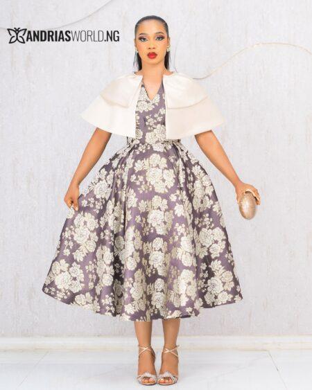 CREAM FLORAL DAMASK SKATER DRESS WITH CAPE