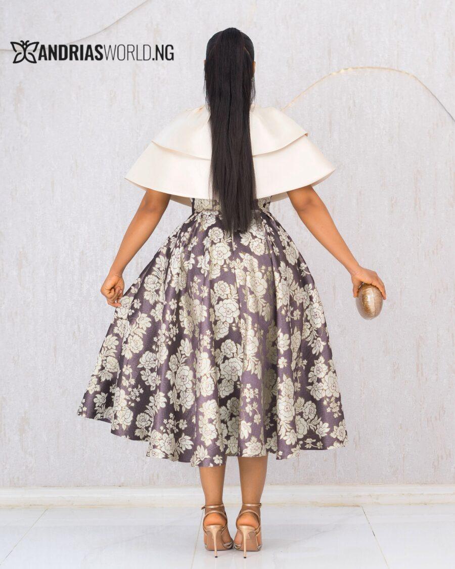CREAM FLORAL DAMASK SKATER DRESS WITH CAPE