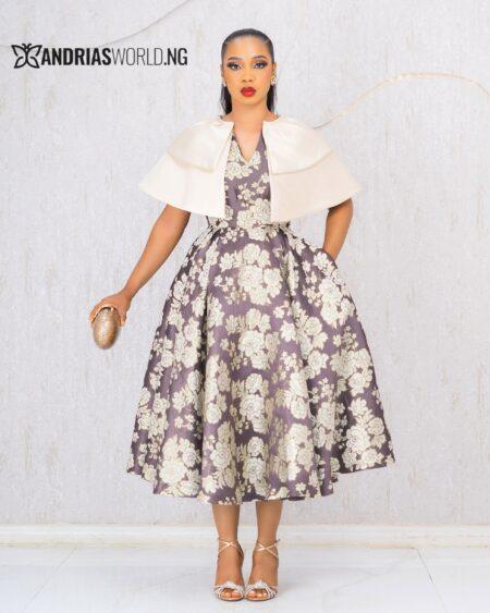 CREAM FLORAL DAMASK SKATER DRESS WITH CAPE