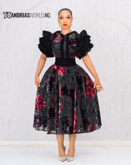 BLACK FLORAL VELVET DRESS WITH PUFFY SLEEVES