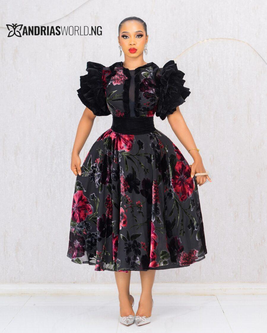 BLACK FLORAL VELVET DRESS WITH PUFFY SLEEVES