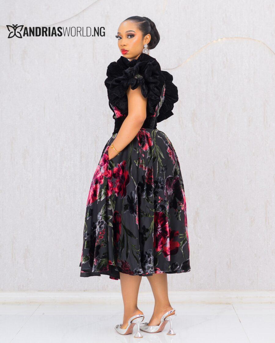 BLACK FLORAL VELVET DRESS WITH PUFFY SLEEVES