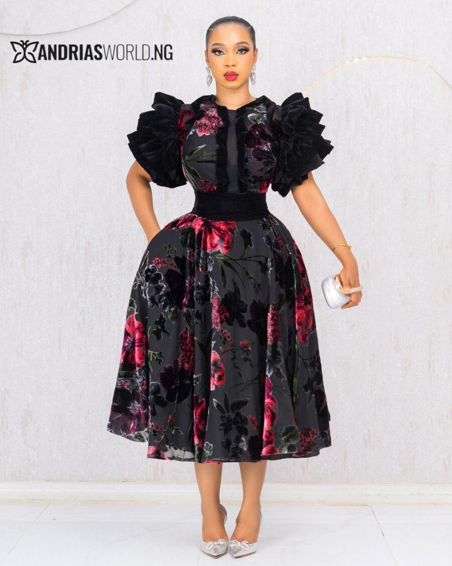 BLACK FLORAL VELVET DRESS WITH PUFFY SLEEVES