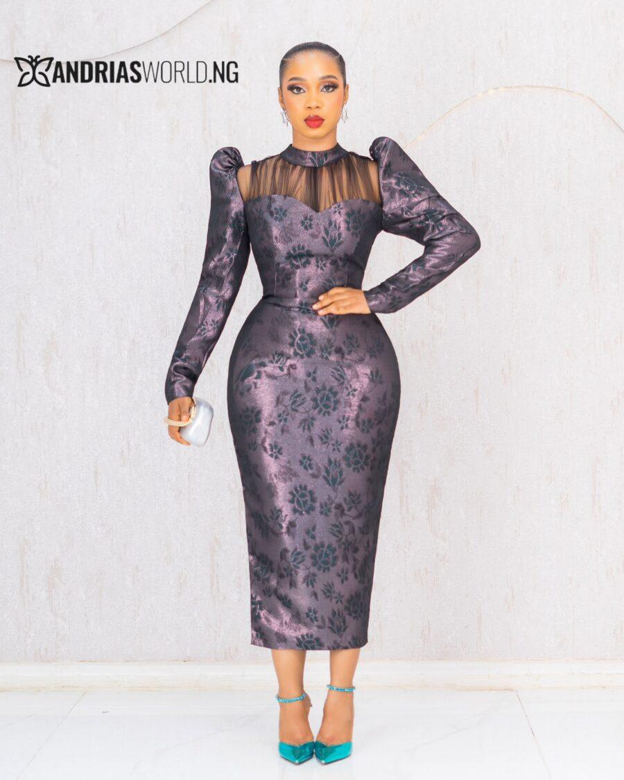 FLORAL DAMASK MIDI DRESS WITH MESH DETAILS