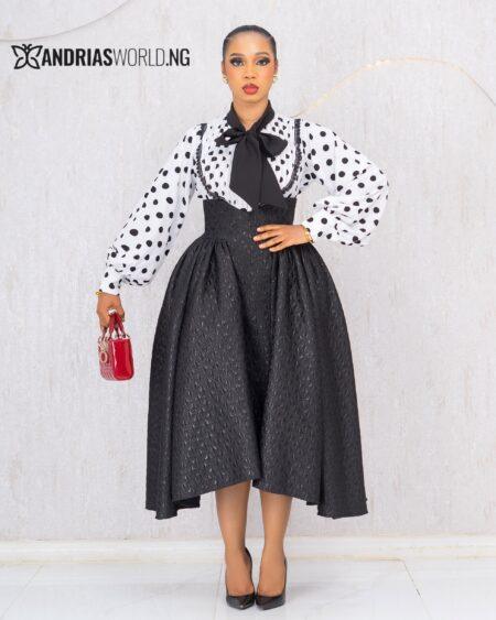 BLACK DAMASK SKATER SKIRT WITH POLKADOT TOP