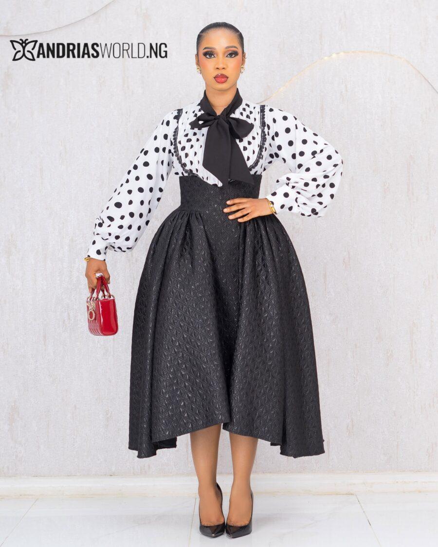 BLACK DAMASK SKATER SKIRT WITH POLKADOT TOP