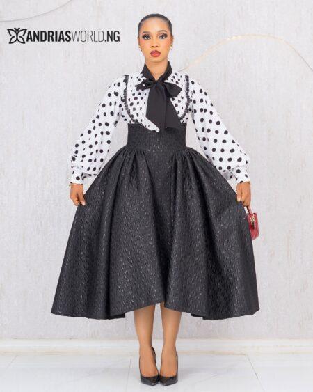 BLACK DAMASK SKATER SKIRT WITH POLKADOT TOP