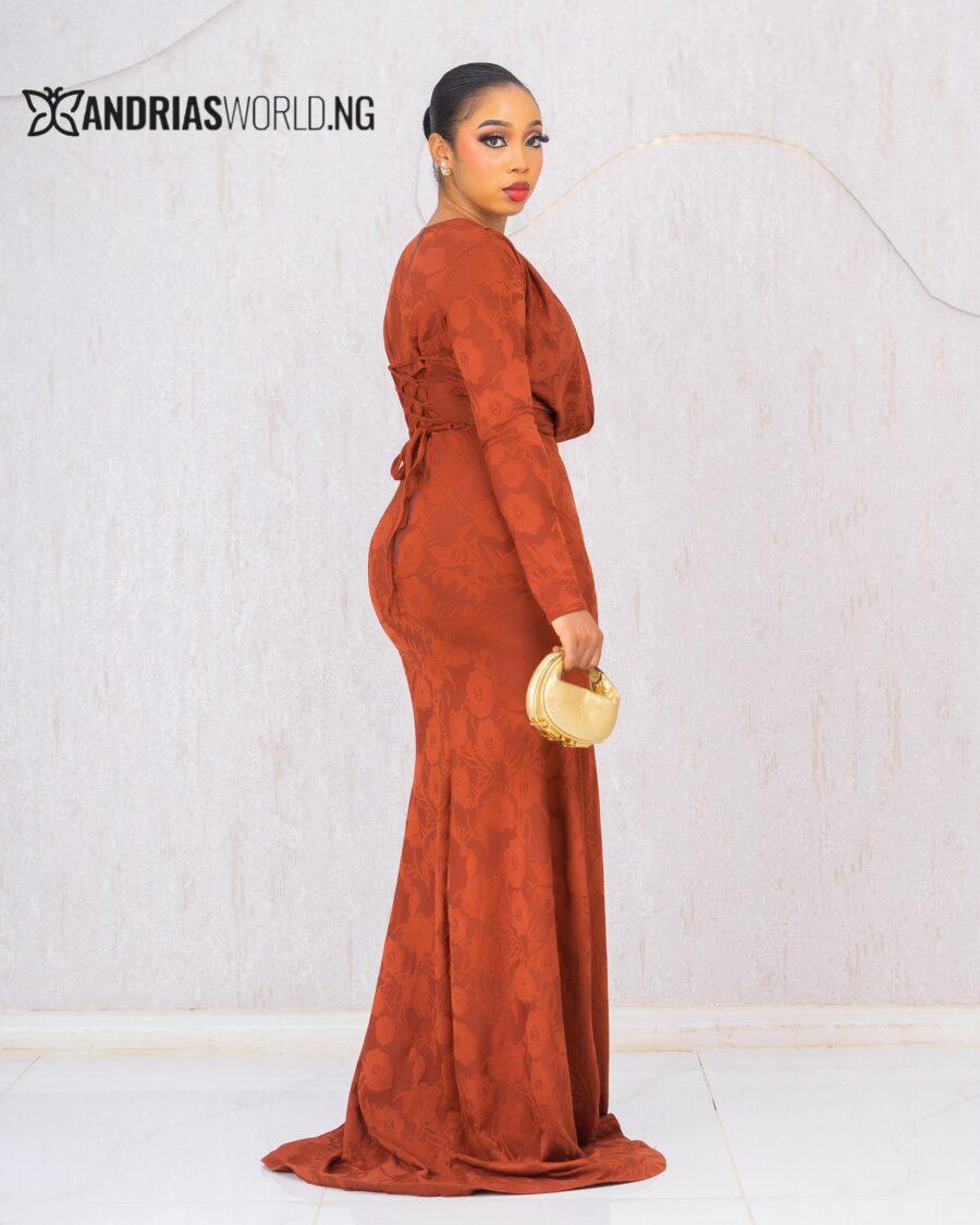 REDDISH-BROWN COWL NECK MAXI DRESS
