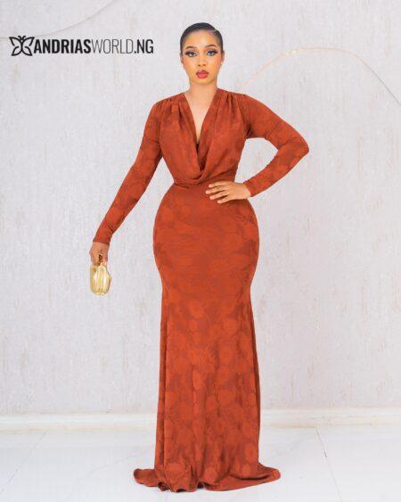 REDDISH-BROWN COWL NECK MAXI DRESS