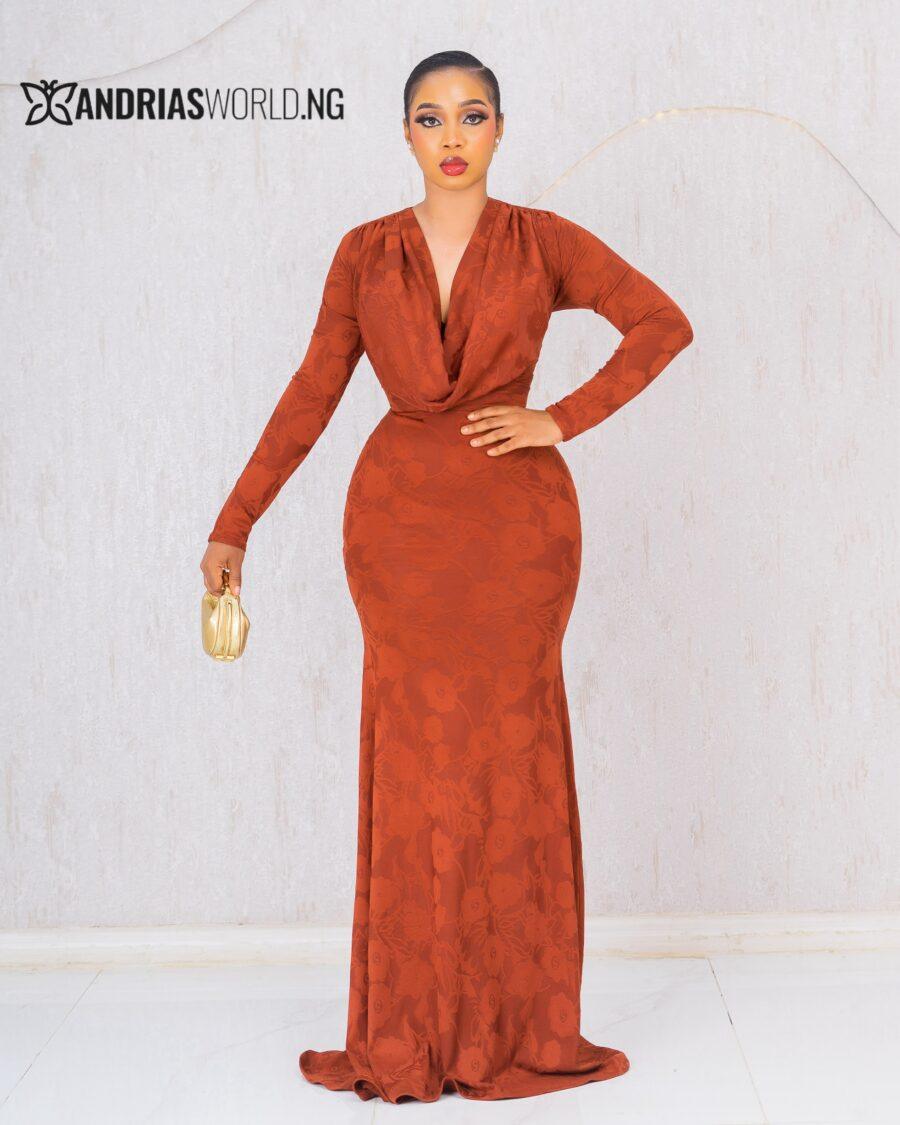 REDDISH-BROWN COWL NECK MAXI DRESS