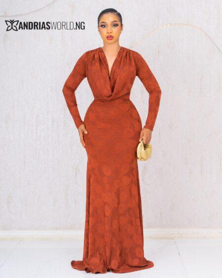 REDDISH-BROWN COWL NECK MAXI DRESS