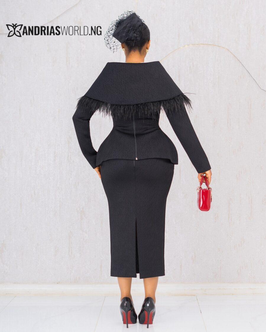 BLACK CAPE TWO PIECE SKIRT SET WITH FEATHERS